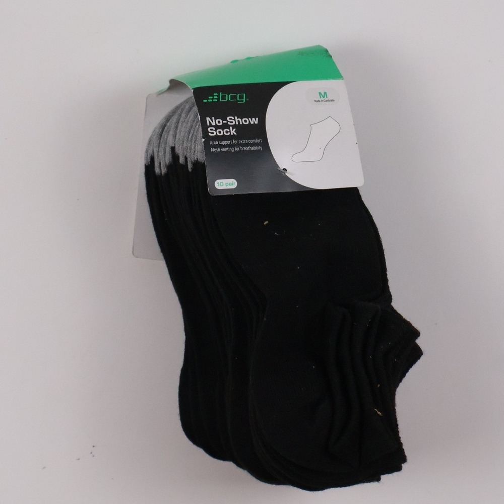 BCG No-Show Sock Black 10 Pair Pack Medium NWT